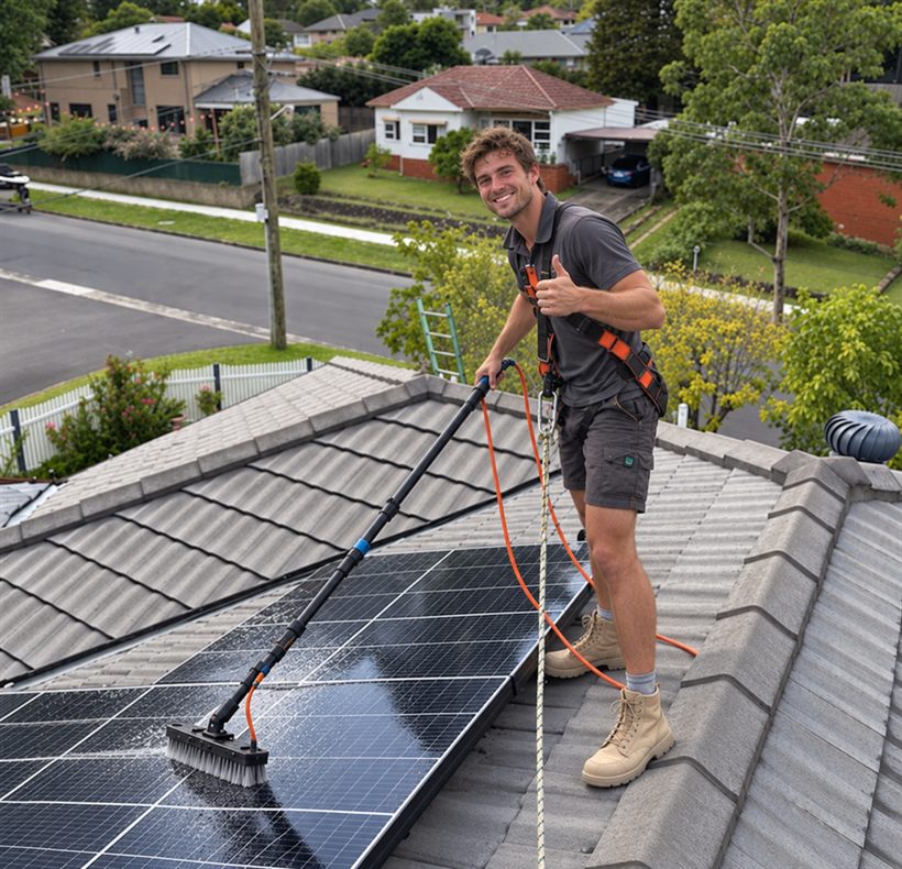 Daniel cleaning solar panels on a Melbourne tiled roof, wearing a safety harness and using a pure-water brush